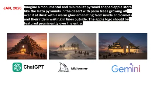 Live prompt study comparing ChatGPT, Midjourney, and Gemini on a pyramid-shaped Apple Store concept