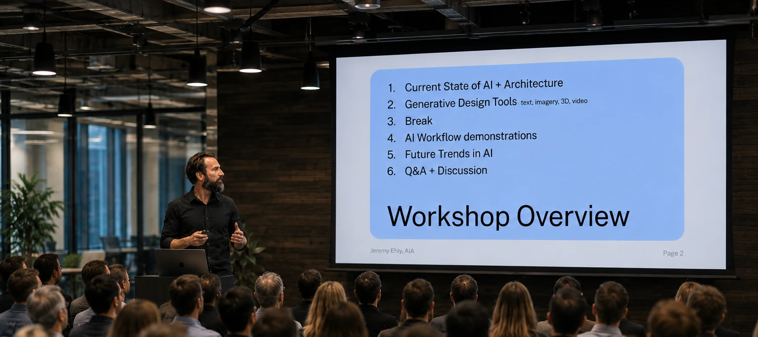 Jeremy Ehly delivering an AI for Architectural Workflows workshop to a full room of design professionals