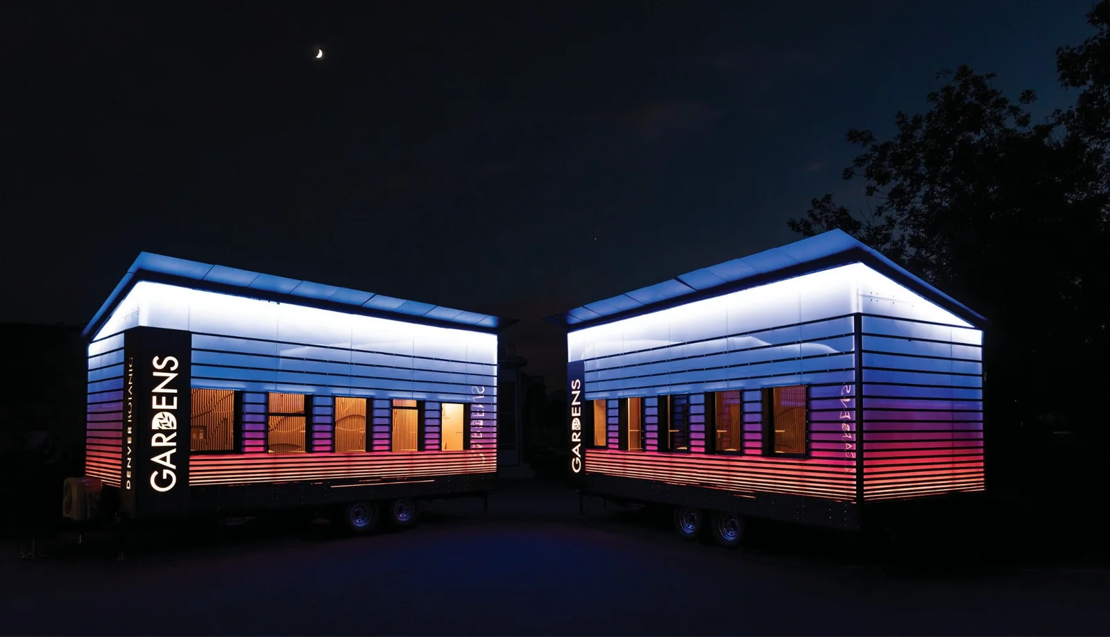 Teaching, illuminated Denver Botanic Gardens design-build structures at night