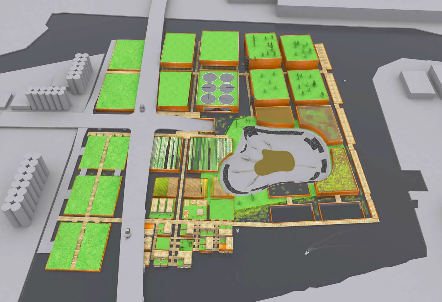 Aerial view of planted canals, research buildings, and remediation void