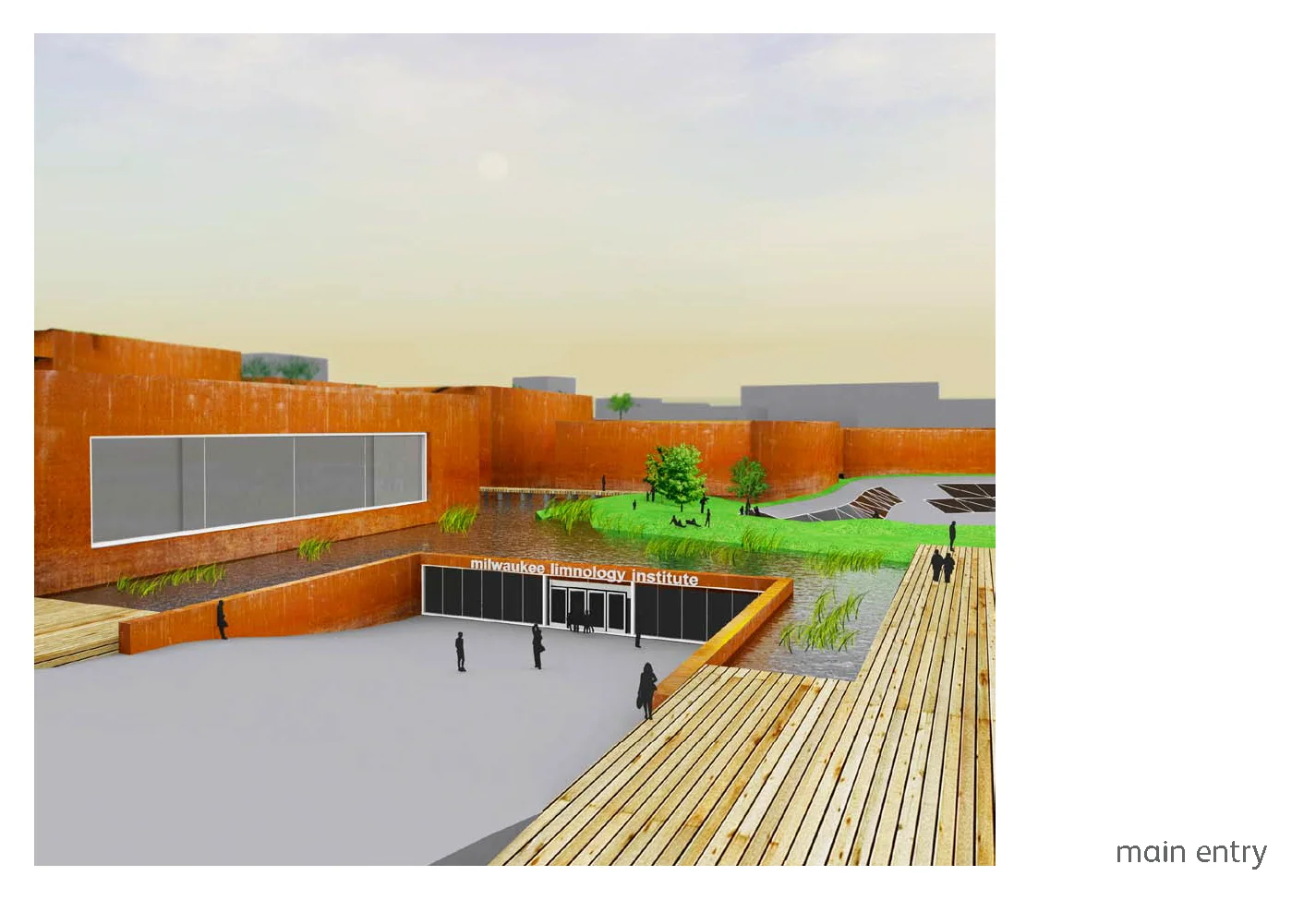 Main entrance descending beside water and weathering-steel walls
