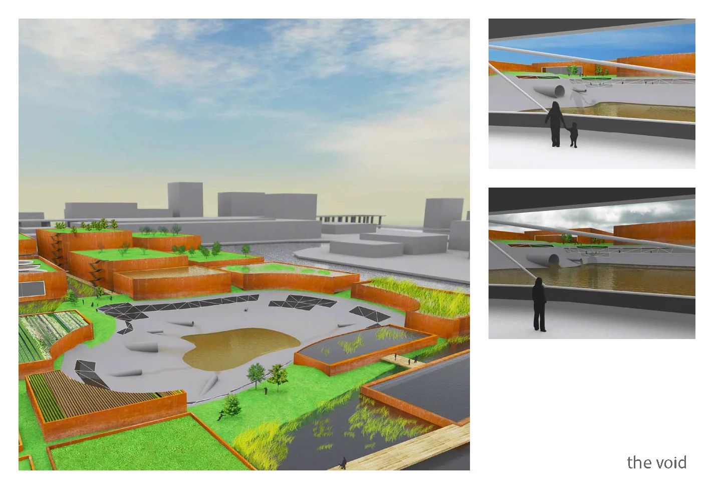 Aerial and sectional views of the toxic remediation void
