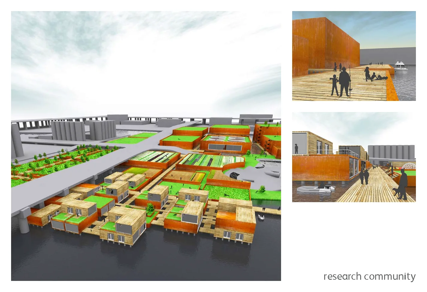 Research buildings and community spaces around planted canals