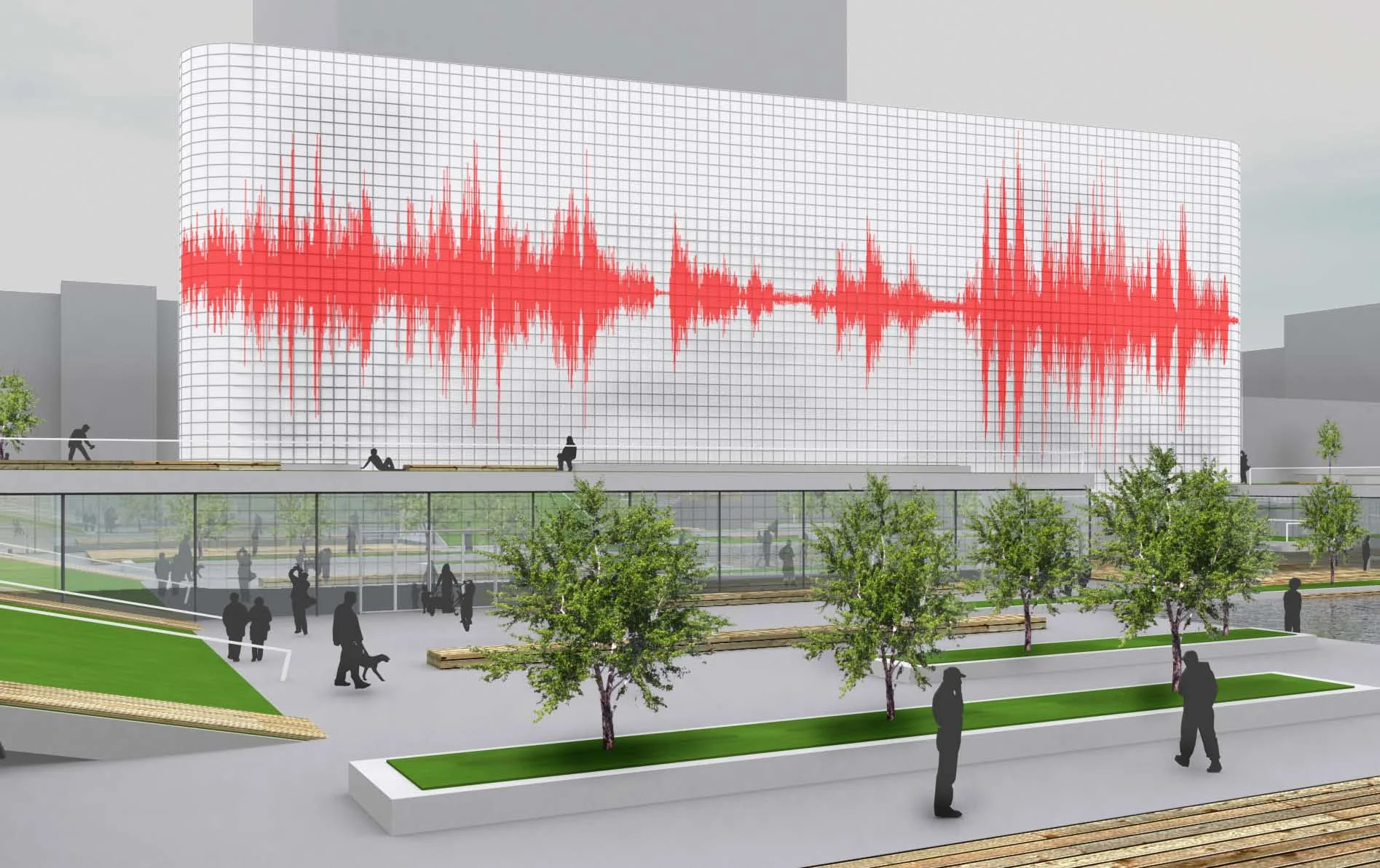 Minnesota Orchestra Hall media facade and redesigned Peavey Plaza