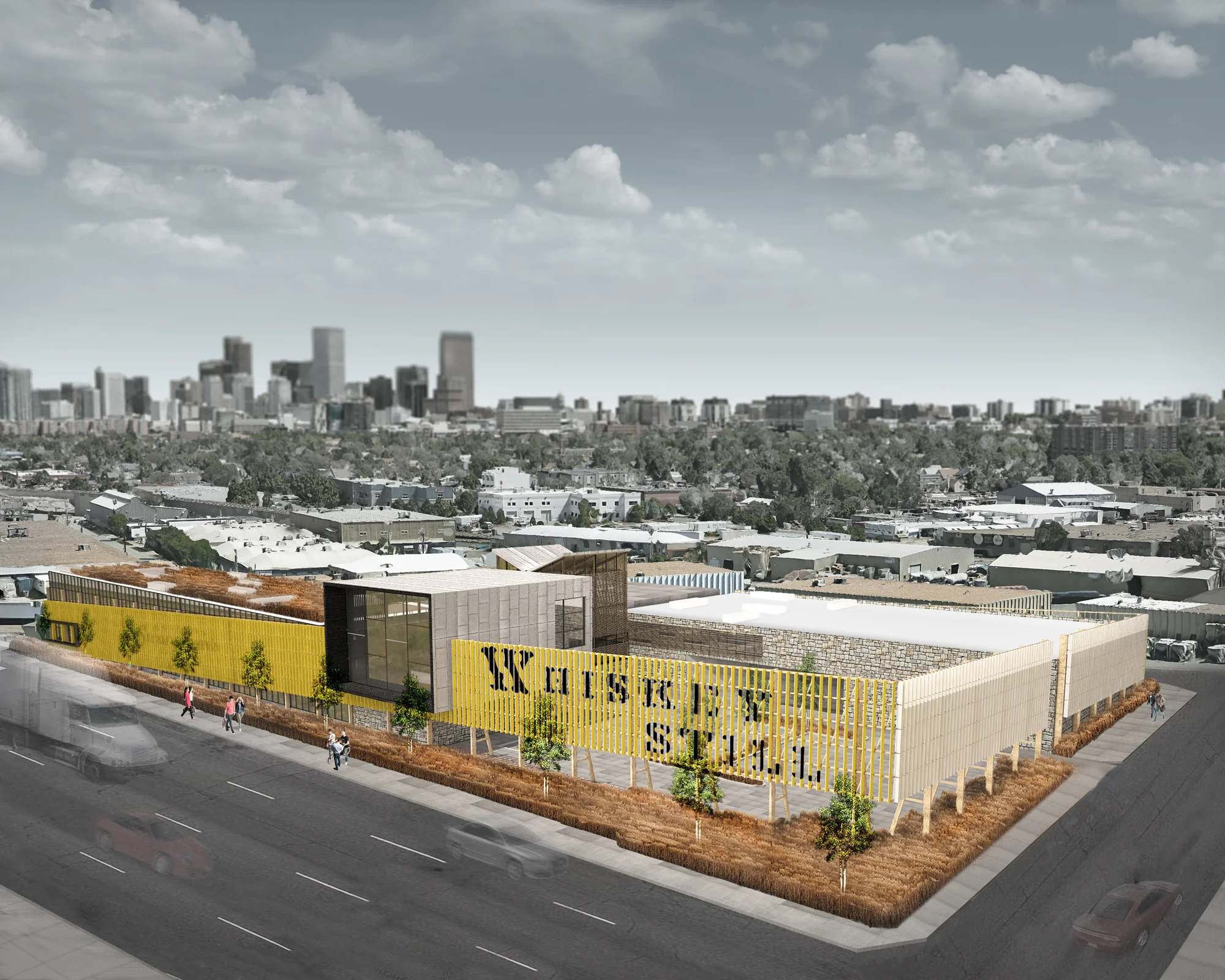 Urban Whiskey Distillery, aerial view with Denver skyline